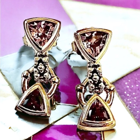 Sterling Silver & Amethyst Vintage Earrings Post Drop Dangle Triangle Shape - Picture 4 of 11